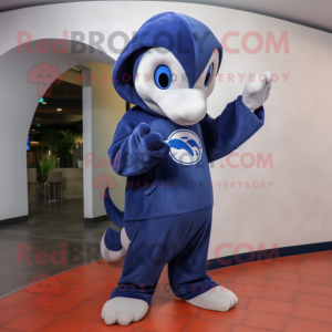 Navy Dolphin mascot costume character dressed with a Hoodie and Mittens