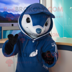 Navy Dolphin mascot costume character dressed with a Hoodie and Mittens