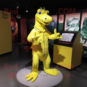 Yellow Crocodile mascot costume character dressed with a Bodysuit and Shoe clips