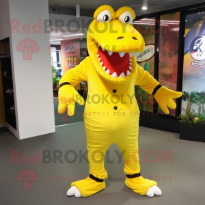 Yellow Crocodile mascot costume character dressed with a Bodysuit and Shoe clips