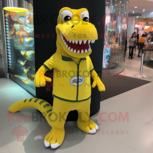 Yellow Crocodile mascot costume character dressed with a Bodysuit and Shoe clips