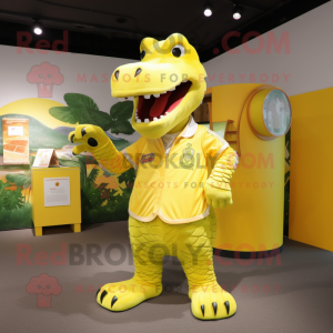 Yellow Crocodile mascot costume character dressed with a Bodysuit and Shoe clips