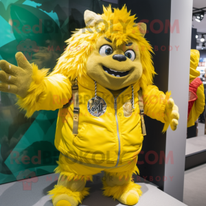 Yellow Ogre mascot costume character dressed with a Windbreaker and Hair clips