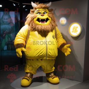 Yellow Ogre mascot costume character dressed with a Windbreaker and Hair clips