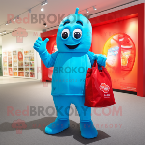 Cyan Bottle Of Ketchup mascot costume character dressed with a Playsuit and Tote bags