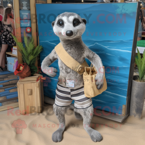 Gray Meerkat mascot costume character dressed with a Board Shorts and Tote bags