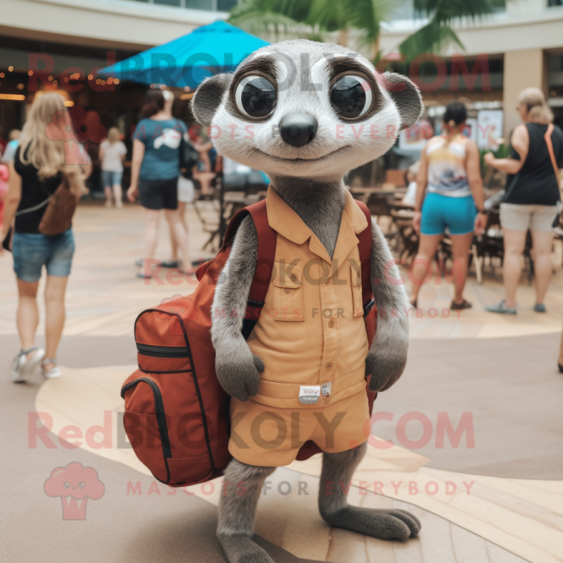 Gray Meerkat mascot costume character dressed with a Board Shorts and Tote bags