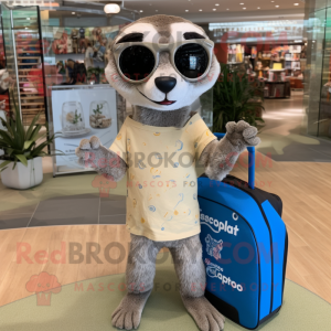 Gray Meerkat mascot costume character dressed with a Board Shorts and Tote bags