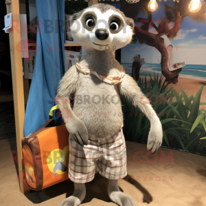 Gray Meerkat mascot costume character dressed with a Board Shorts and Tote bags
