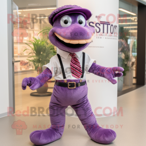 Purple Snake mascot costume character dressed with a Henley Shirt and Bow ties