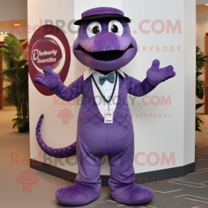 Purple Snake mascot costume character dressed with a Henley Shirt and Bow ties