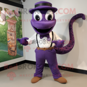 Purple Snake mascot costume character dressed with a Henley Shirt and Bow ties