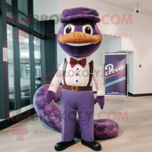 Purple Snake mascot costume character dressed with a Henley Shirt and Bow ties