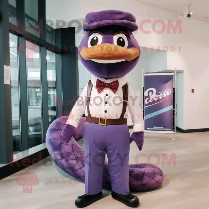 Purple Snake mascot costume character dressed with a Henley Shirt and Bow ties Purple Snake mascot costume character dressed with a Henley Shirt and Bow ties