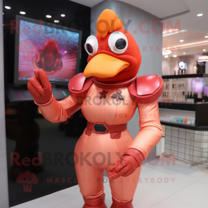 Peach Rooster mascot costume character dressed with a Turtleneck and Gloves