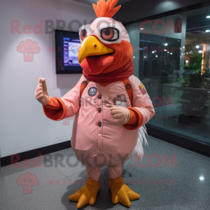 Peach Rooster mascot costume character dressed with a Turtleneck and Gloves