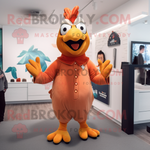Peach Rooster mascot costume character dressed with a Turtleneck and Gloves
