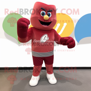 Maroon Boxing Glove mascot costume character dressed with a Flare Jeans and Watches