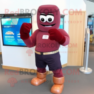 Maroon Boxing Glove mascot costume character dressed with a Flare Jeans and Watches