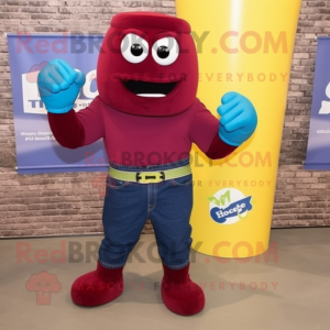 Maroon Boxing Glove mascot costume character dressed with a Flare Jeans and Watches
