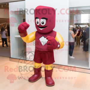 Maroon Boxing Glove mascot costume character dressed with a Flare Jeans and Watches