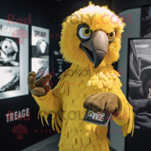 Yellow Vulture mascot costume character dressed with a T-Shirt and Gloves