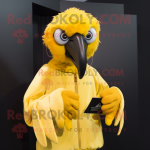 Yellow Vulture mascot costume character dressed with a T-Shirt and Gloves
