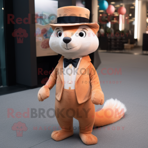Peach Weasel mascot costume character dressed with a Suit Pants and Hats