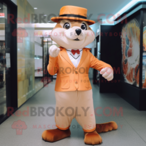 Peach Weasel mascot costume character dressed with a Suit Pants and Hats