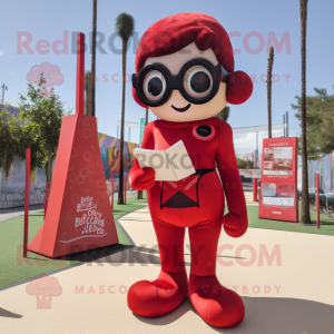 Red Trapeze Artist mascot costume character dressed with a Playsuit and Reading glasses