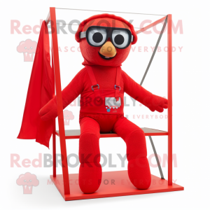 Red Trapeze Artist mascot costume character dressed with a Playsuit and Reading glasses