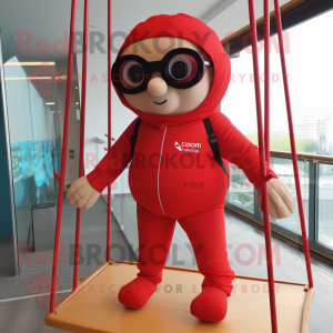 Red Trapeze Artist mascot costume character dressed with a Playsuit and Reading glasses