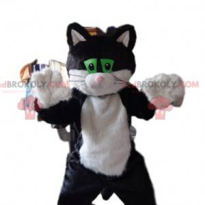 Mascotte de chat noir et blanc avec des yeux verts -