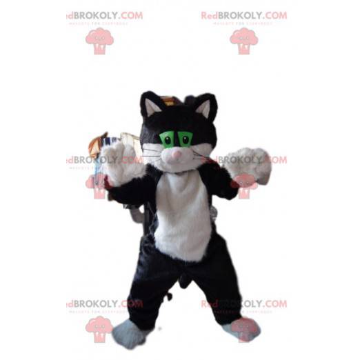 Mascotte de chat noir et blanc avec des yeux verts -