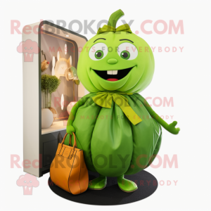 Lime Green Pumpkin mascot costume character dressed with a Pencil Skirt and Handbags