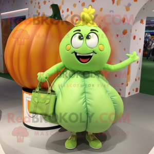 Lime Green Pumpkin mascot costume character dressed with a Pencil Skirt and Handbags