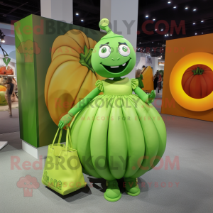 Lime Green Pumpkin mascot costume character dressed with a Pencil Skirt and Handbags