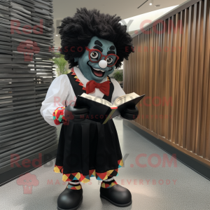 Black Clown mascot costume character dressed with a Dress Shirt and Reading glasses