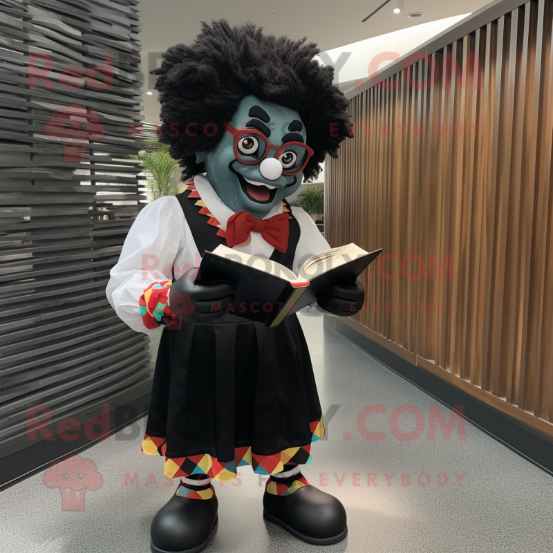 Black Clown mascot costume character dressed with a Dress Shirt and Reading glasses Black Clown mascot costume character dressed with a Dress Shirt and Reading glasses