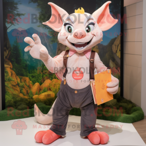 Peach Gargoyle mascot costume character dressed with a Dungarees and Wallets