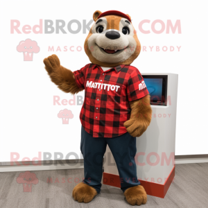 Red Marmot mascot costume character dressed with a Button-Up Shirt and Watches