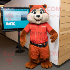 Red Marmot mascot costume character dressed with a Button-Up Shirt and Watches