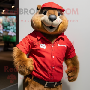 Red Marmot mascot costume character dressed with a Button-Up Shirt and Watches