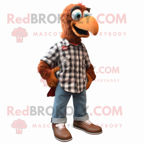 Rust Turkey mascot costume character dressed with a Flannel Shirt and Shoe clips