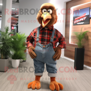 Rust Turkey mascot costume character dressed with a Flannel Shirt and Shoe clips