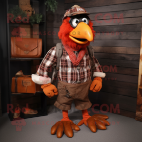 Rust Turkey mascot costume character dressed with a Flannel Shirt and Shoe clips