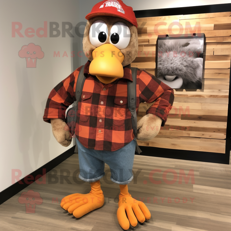 Rust Turkey mascot costume character dressed with a Flannel Shirt and Shoe clips