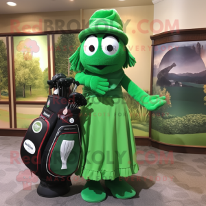 Forest Green Golf Bag mascot costume character dressed with a Ball Gown and Scarf clips