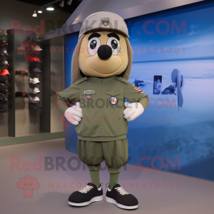 Olive Air Force Soldier mascot costume character dressed with a Running Shorts and Berets