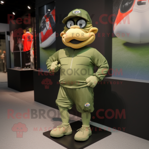 Olive Air Force Soldier mascot costume character dressed with a Running Shorts and Berets